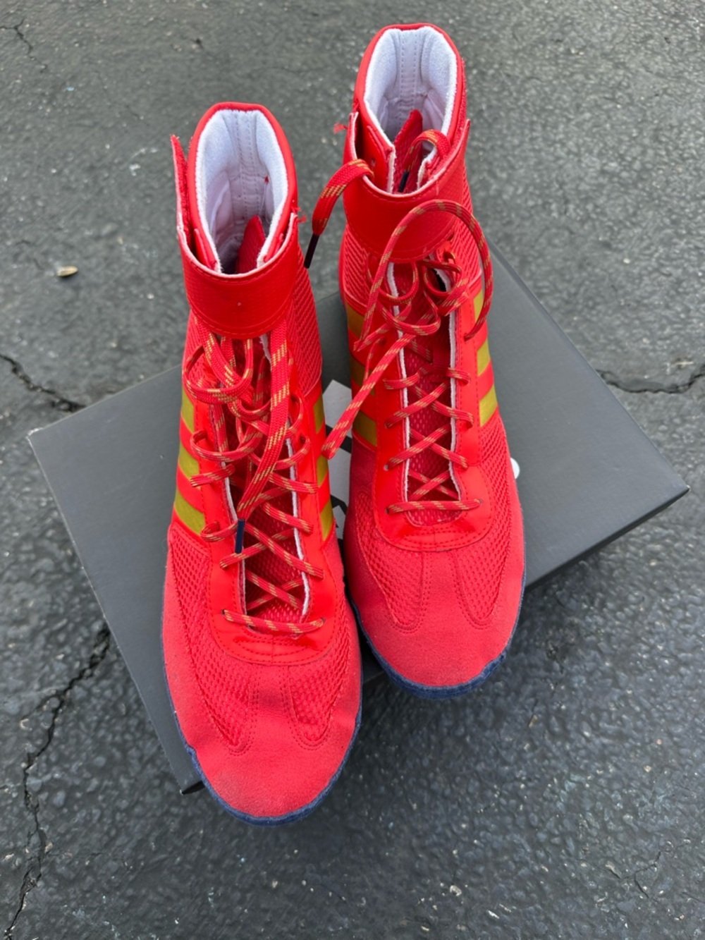 adidas Red High-Top Wrestling Shoes with Yellow Stripes - Picture 3 of 4